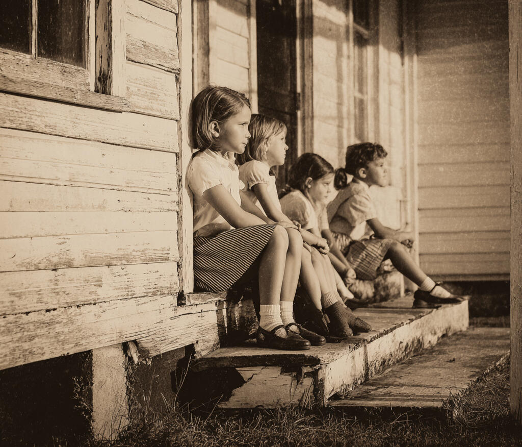 Archival photograph of siblings sitting on front steps, part of a preserved family history.